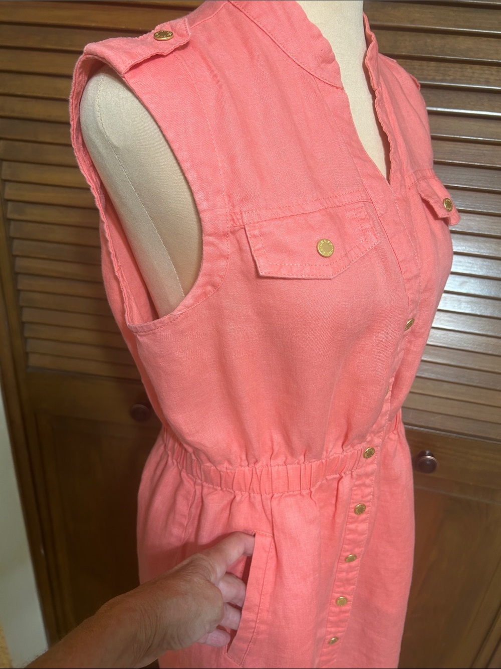 Guess Coral Snap Button Front Sleeveless Utility Linen-Cotton Dress Size M - Picture 4 of 7
